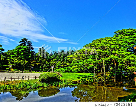 青空の綺麗な池のある日本庭園のイラスト素材