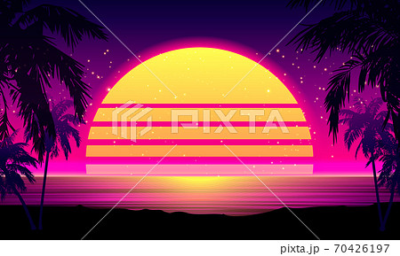 Retro 80s Style Tropical Sunset with Palm Tree. 70426197