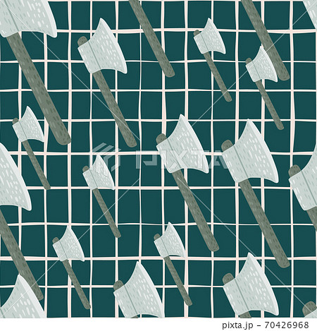Random seamless viking hatchet doodle pattern. Middle ages norway ornament on green chequered background. 70426968