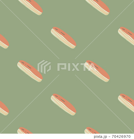 Minimalistic seamless simple pattern with eclairs stylized food ornament. Pastel palette baing artwork. Green soft background. 70426970