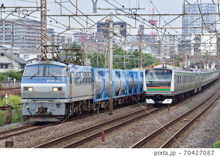 東海道本園　平塚ー相模貨物　JR貨物　EF66-115（吹田）、JR東日本　E231系　E-15編成 70427087