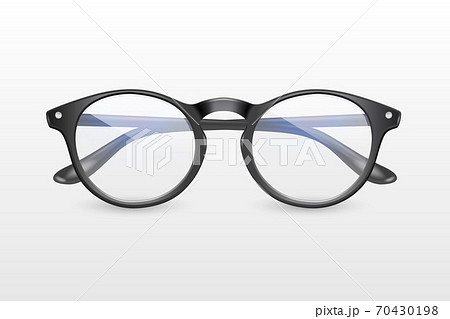 Vector 3d Realistic Plastic Round Black Rimmed Eye Glasses Icon Closeup Isolated on White Background. Women, Men, Unisex Accessory. Optics, Health Concept. Design Template, Mockup. Front View Vector 3d Realistic Plastic Round Black Rimmed Eye Glasses Icon Closeup Isolated on White Background. Women, Men, Unisex Accessory. Optics, Health Concept. Design Template, Mockup. Front View 70430198