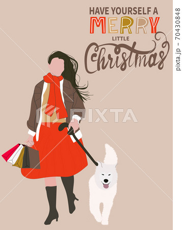 Christmas greeting card in retro style. A woman walks with a dog. Christmas sale poster. Christmas greeting card in retro style. A woman walks with a dog. Christmas sale poster. 70430848
