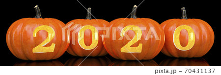 Halloween 2020 concept. Pumpkins with carved 2020, 3D rendering Halloween 2020 concept. Pumpkins with carved 2020, 3D rendering 70431137