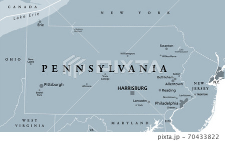 Pennsylvania, PA, gray political map. The Commonwealth of Pennsylvania, a state in the Northeastern United States of America with capital Harrisburg. Keystone State. Quaker State. Illustration. Vector Pennsylvania, PA, gray political map. The Commonwealth of Pennsylvania, a state in the Northeastern United States of America with capital Harrisburg. Keystone State. Quaker State. Illustration. Vector 70433822