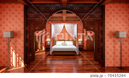 Interior of traditional Chinese style bedroom interior with furniture and wooden floor, 3d rendering Interior of traditional Chinese style bedroom interior with furniture and wooden floor, 3d rendering 70435264