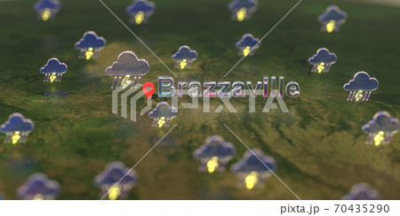 Stormy weather icons near Brazzaville city on the map, weather forecast related 3D rendering Stormy weather icons near Brazzaville city on the map, weather forecast related 3D rendering 70435290