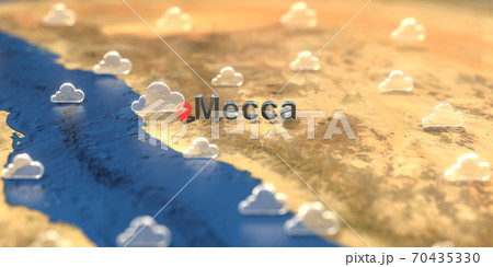 Cloudy weather icons near Mecca city on the map, weather forecast related 3D rendering 70435330