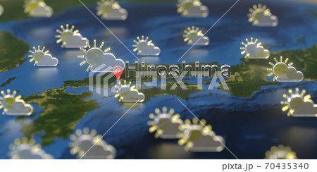 Partly cloudy weather icons near Hiroshima city on the map, weather forecast related 3D rendering 70435340