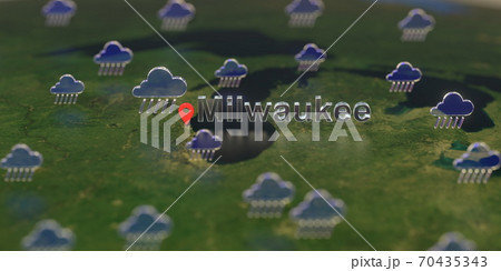 Rainy weather icons near Milwaukee city on the map, weather forecast related 3D rendering 70435343