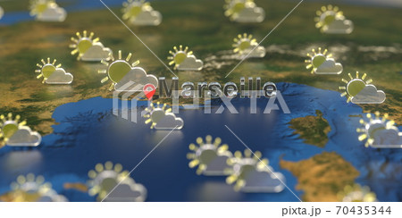 Partly cloudy weather icons near Marseille city on the map, weather forecast related 3D rendering 70435344