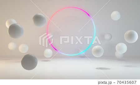 Product display area with globe shapes and circle neon light 3D rendering Product display area with globe shapes and circle neon light 3D rendering 70435607