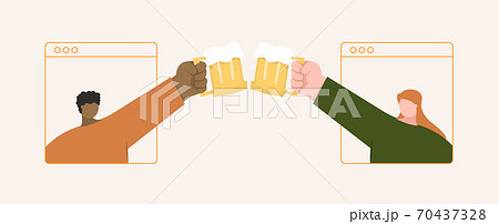a man and a woman have a online party toasting beer glass on online media from distancing illustration vector 70437328