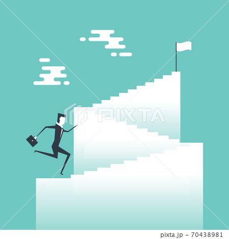Businessman running up lots of stairs to reach the goal. 70438981