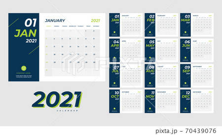 Year 2021 monthly desk calendar. Week starts Sunday. Calendar 2021 template. 70439076