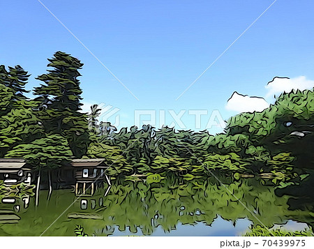 池と青空の綺麗な日本庭園のイラスト素材