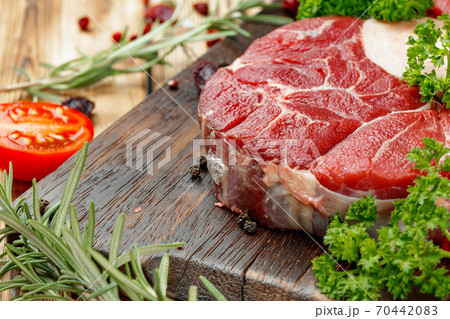 Raw meat slice for grill with seasoning Raw meat slice for grill with seasoning 70442083