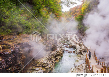 秋田湯沢の秋 紅葉の小安峡 大噴湯の写真素材