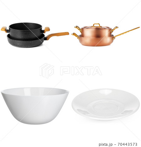 Collage of crockery items on white background 70443573