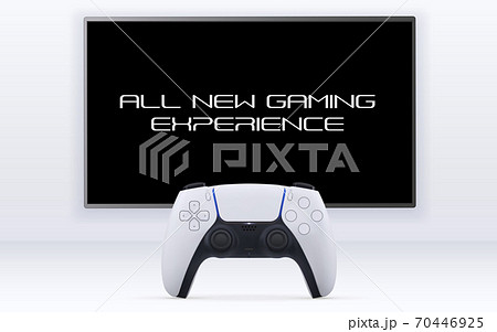 Single player gaming concept. Realistic vector illustration of Gemepad in front of big TV on white wall for gameplay showcase on white background 70446925