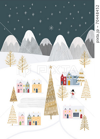 クリスマスツリーのある雪化粧の街並みのイラストのイラスト素材