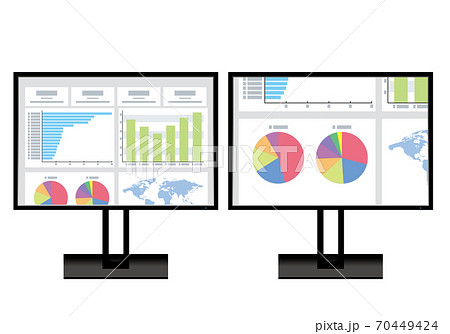 ビジネスイメージ グラフ資料が映ったpcパソコンのデュアルモニターのイラスト ワーク画面グラフのイラスト素材