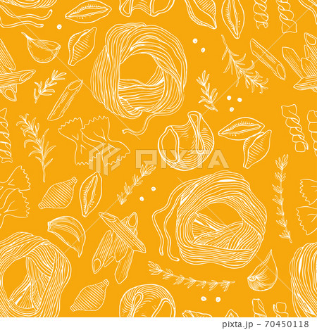 Hand drawn pasta seamless vector pattern. Spaghetti and other kinds of pasta vector illustration. Line art. Hand drawn black and white pasta collection. 70450118