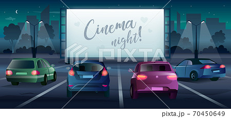 Cinema night vector banner in cartoon style. Drive-in movie theater with large screen and cars poster. Audience watching romantic film or show on classic open air parking in darkness Cinema night vector banner in cartoon style. Drive-in movie theater with large screen and cars poster. Audience watching romantic film or show on classic open air parking in darkness 70450649