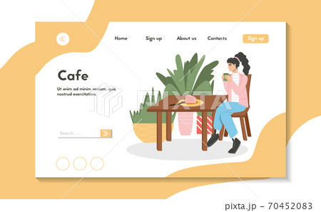 Woman in cafe or restaurant vector flat landing page template. Modern and cozy cafe or restaurant interior design. 70452083