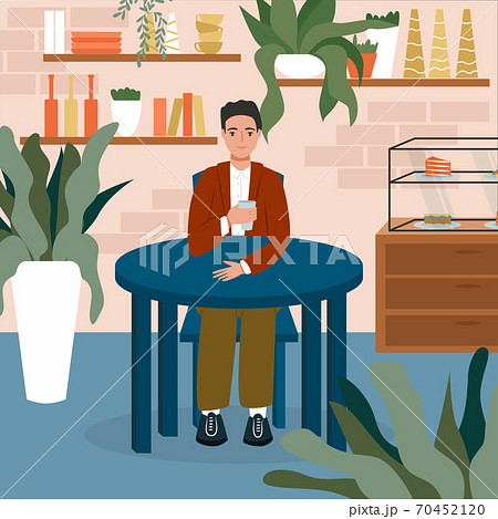 Young smiling man sitting at the cafe or restaurant and have a drink vector flat cartoon illustration. 70452120