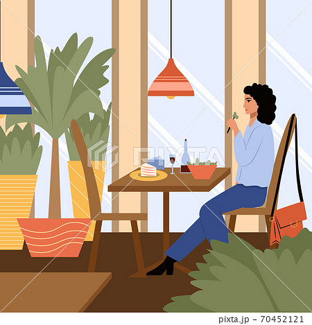 Young woman in modern clothes sitting at the cafe or restaurant and have a dinner vector flat cartoon illustration. 70452121