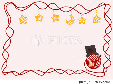 赤い毛糸で遊ぶかわいい黒猫のフレームのイラスト素材