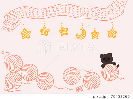 たくさんの赤い毛糸で遊ぶかわいい黒猫のフレームのイラスト素材