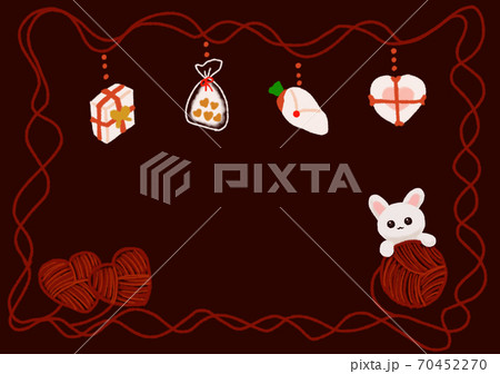 赤い毛糸で遊ぶかわいい白うさぎとたくさんのプレゼントフレームのイラスト素材