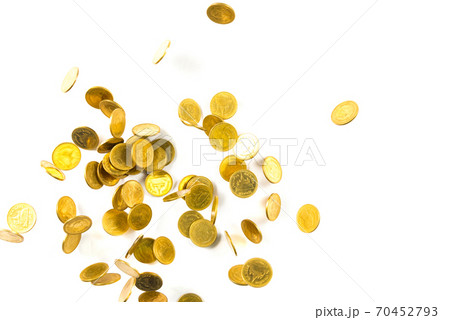 Top view of Falling gold coins money isolated on the white background, business concept. Top view of Falling gold coins money isolated on the white background, business concept. 70452793