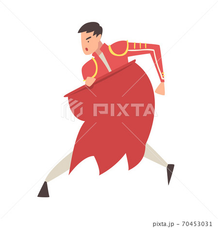 Man Bullfighter, Toreador Character Dressed in Red Traditional Costume, Spanish Corrida Performance Cartoon Style Vector Illustration 70453031