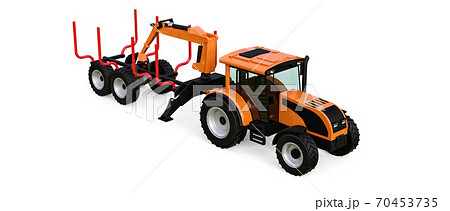 Orange tractor with a trailer for logging on a white background. 3d rendering. Orange tractor with a trailer for logging on a white background. 3d rendering. 70453735