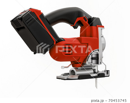 The tool is a red electric jigsaw on a white isolated background. 3d rendering. 70453745