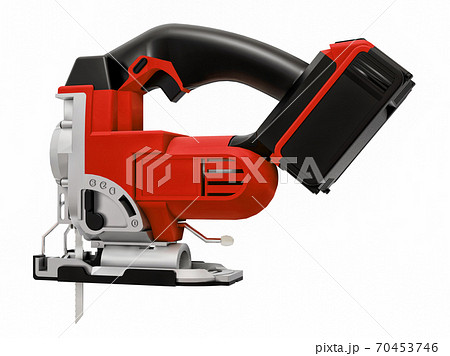 The tool is a red electric jigsaw on a white isolated background. 3d rendering. 70453746