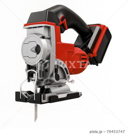 The tool is a red electric jigsaw on a white isolated background. 3d rendering. 70453747