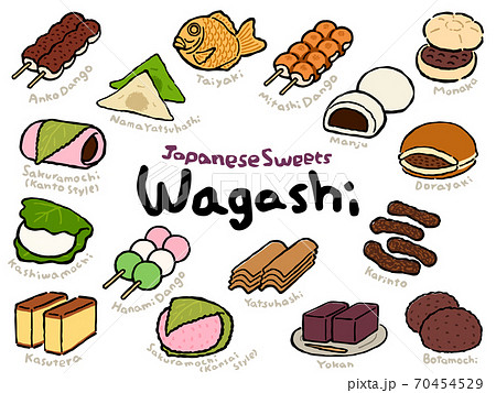Wagashi (Japanese Sweets) Set:Hand drawn vector illustration like woodblock print Wagashi (Japanese Sweets) Set:Hand drawn vector illustration like woodblock print 70454529