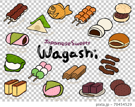 Wagashi (Japanese Sweets) Set:Hand drawn vector illustration like woodblock print Wagashi (Japanese Sweets) Set:Hand drawn vector illustration like woodblock print 70454529