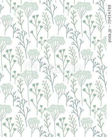 Seamless flat hand drawn pattern with blue branches, dill and twig on white background. Vector rustic texture 70454789