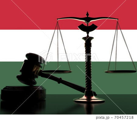 Flag of Hungary behind court gavel and scales. 3d rendering 70457218