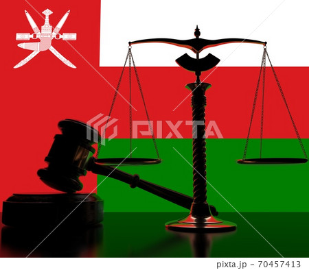 Judge gavel, scales and flag of Oman 3d rendering Judge gavel, scales and flag of Oman 3d rendering 70457413