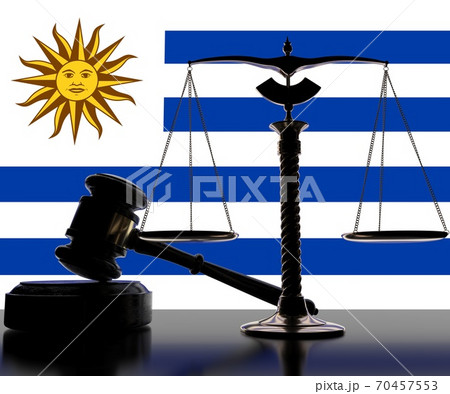 Flag of Uruguay behind court gavel and scales. 3d rendering Flag of Uruguay behind court gavel and scales. 3d rendering 70457553