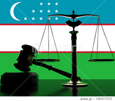 Flag of Uzbekistan behind court gavel and scales. 3d rendering Flag of Uzbekistan behind court gavel and scales. 3d rendering 70457555
