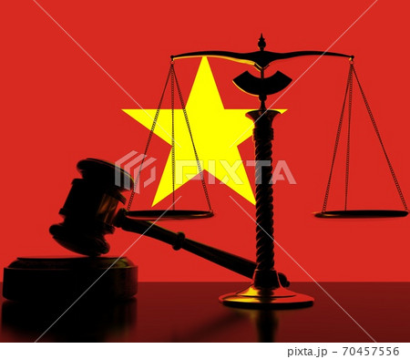Backlit judge gavel and scales on flag of Vietnam background, 3d rendering Backlit judge gavel and scales on flag of Vietnam background, 3d rendering 70457556