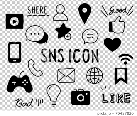 SNSの手描きアイコンのセット／インターネット／コミュニケーション／メディア／WEB／ソーシャル 70457820