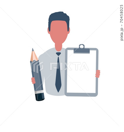 Businessman or clerk holding a writing paper and a pencil. Male character in simple style, flat 70458025